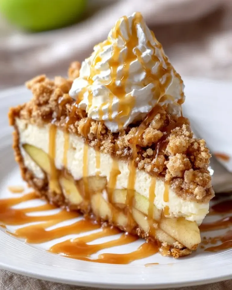 Delicious apple crisp cheesecake pie topped with crunchy oat crumble