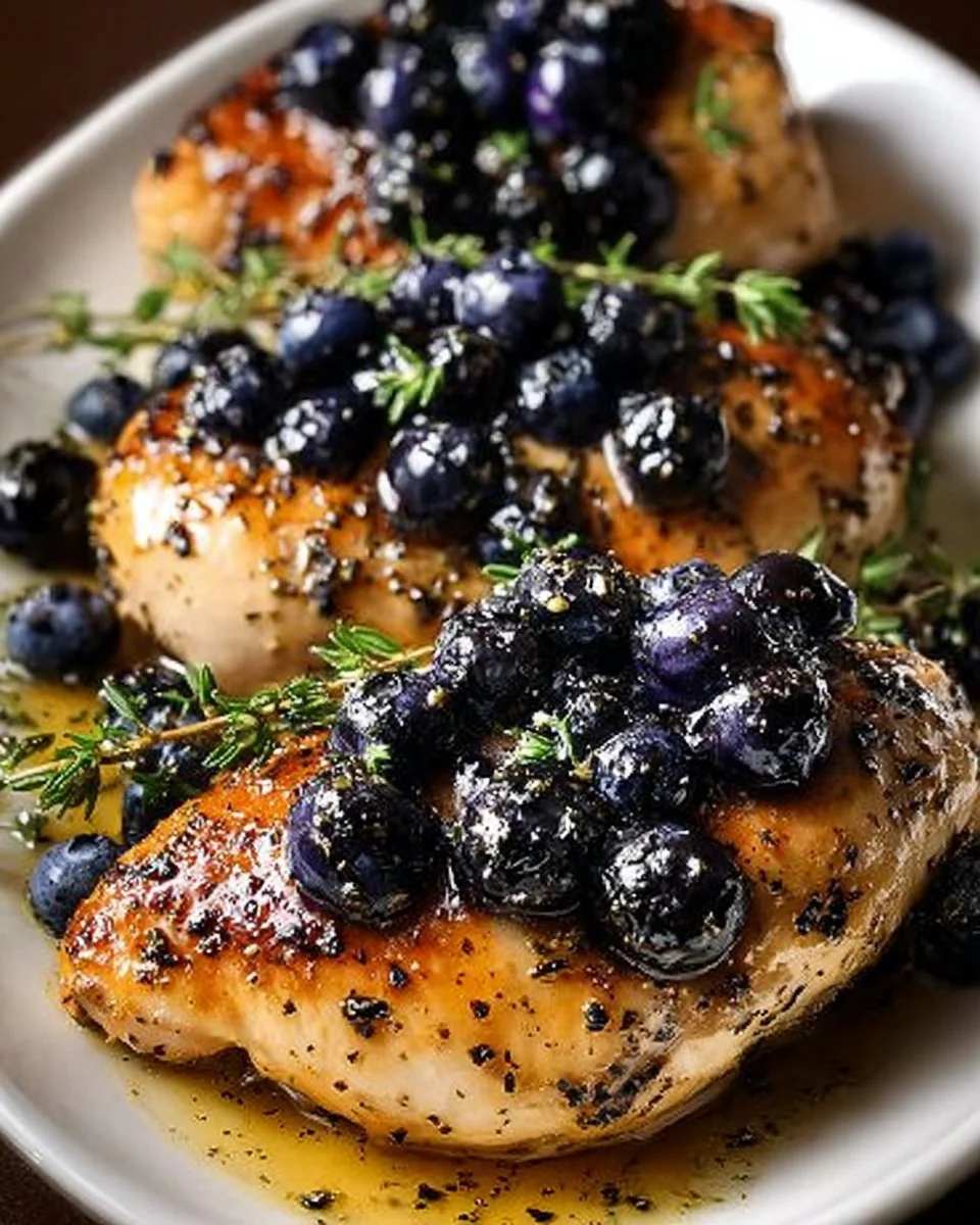 Juicy blueberry thyme chicken garnished with fresh herbs and berries