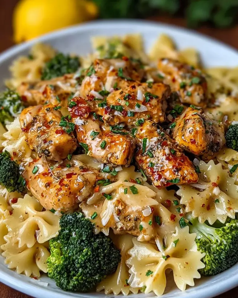 Cowboy Butter Lemon Bowtie Chicken with Broccoli served on a plate