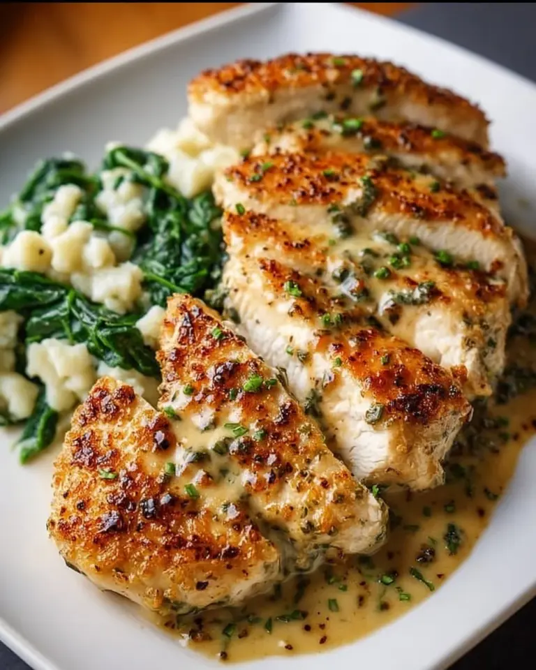 Creamy Boursin chicken bake served in a dish, garnished with herbs