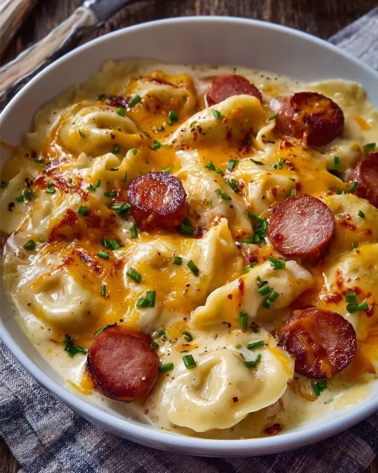 Crockpot Pierogi Casserole with Kielbasa served in a dish