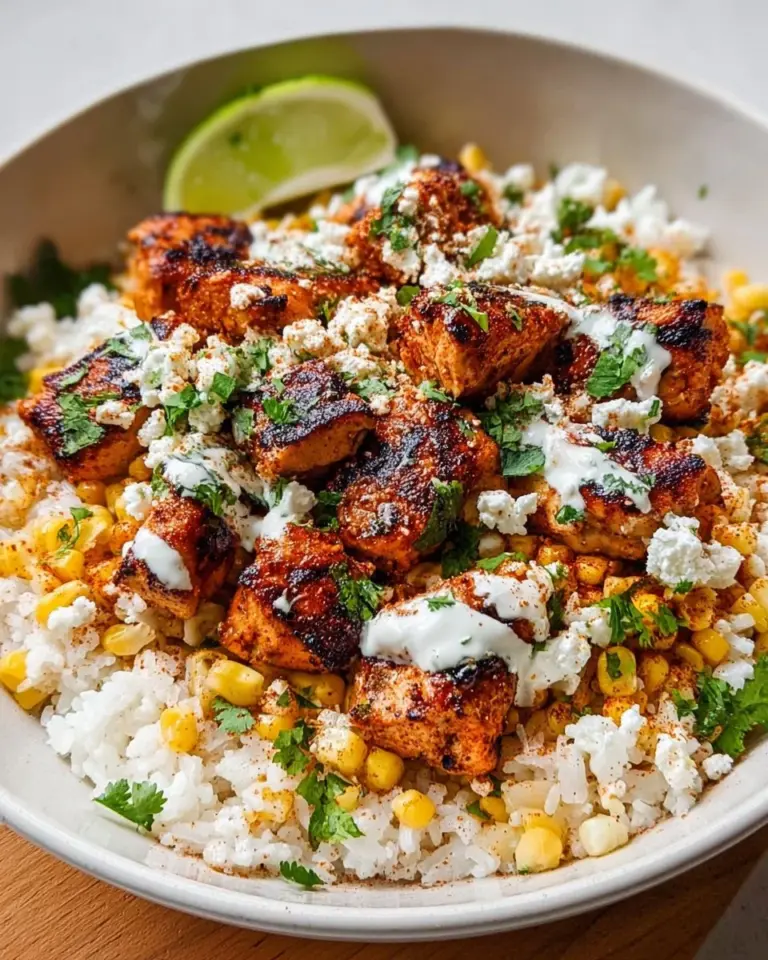 Delicious street corn chicken and rice bowls topped with fresh ingredients