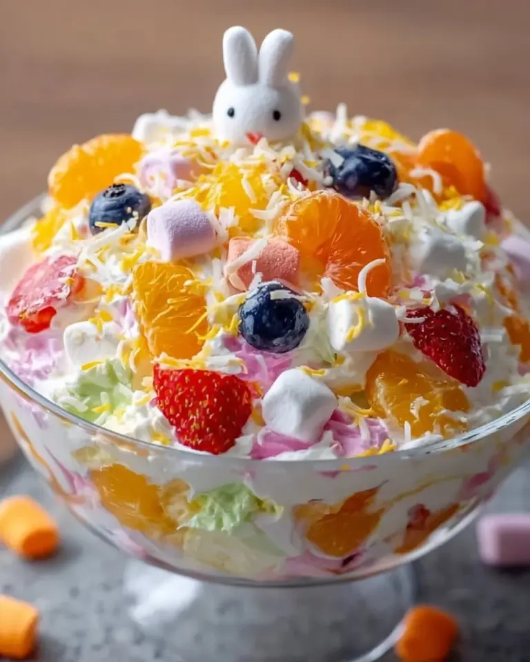 Easter Bunny Fruit Fluff dessert with colorful fruits and fluffy cream