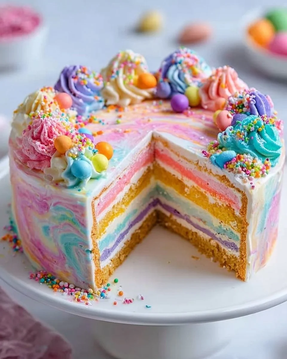 Colorful Easter cake decorated with spring flowers and festive designs.