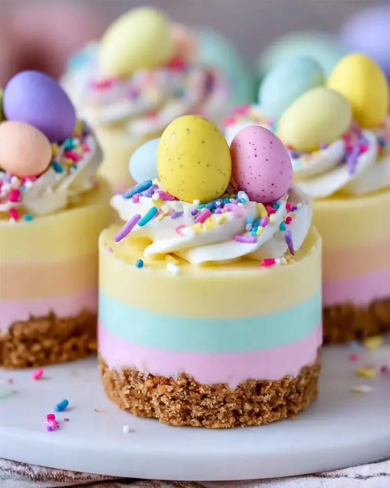 Easter no-bake mini cheesecakes topped with colorful spring decorations