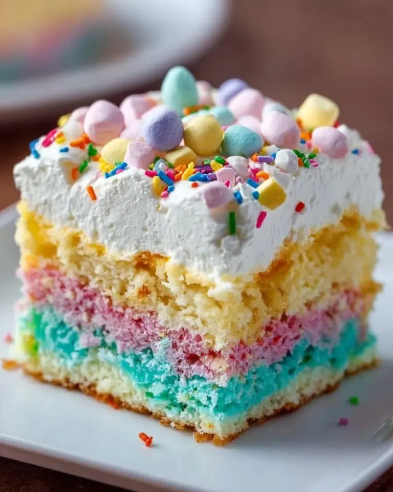 Easter Poke Cake decorated with pastel colors and spring-themed toppings