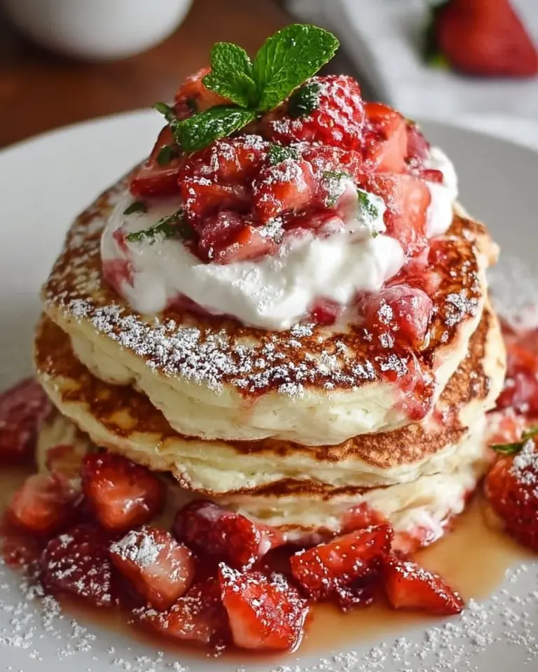 Fluffy strawberry cheesecake pancakes piled high with strawberries and whipped cream