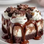 Frozen brownie ice cream cake with layers of brownie and ice cream topped with chocolate sauce.