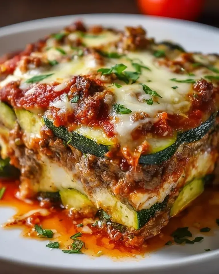 Delicious guilt-free zucchini pizza casserole served in a dish