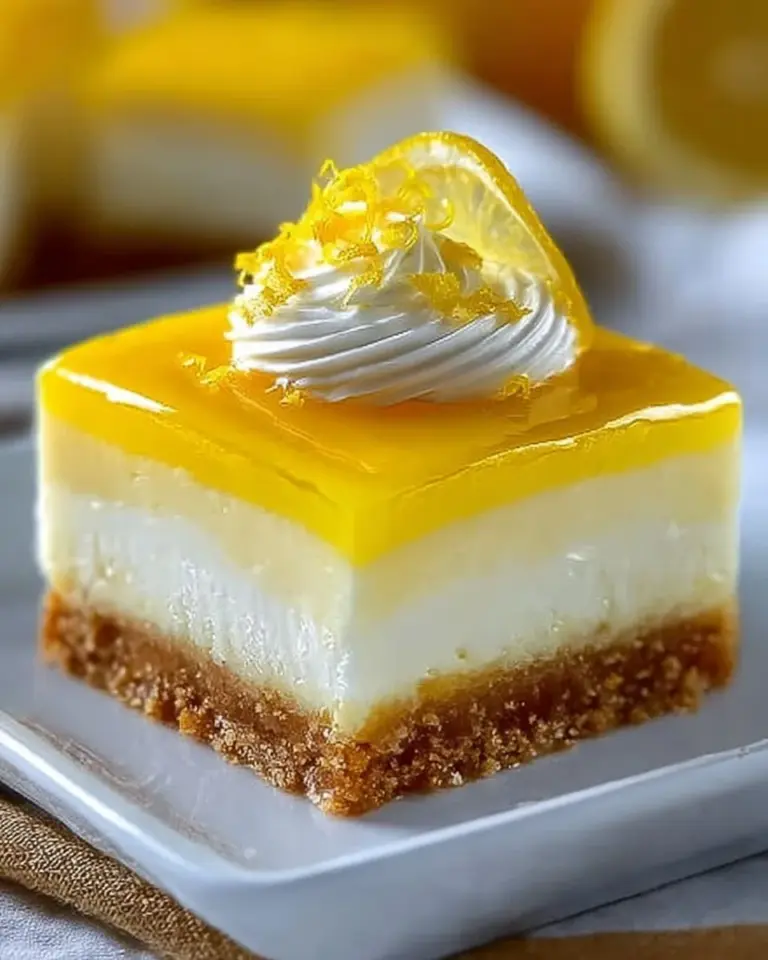 Heavenly Lemon Cheesecake Bars topped with lemon zest and whipped cream