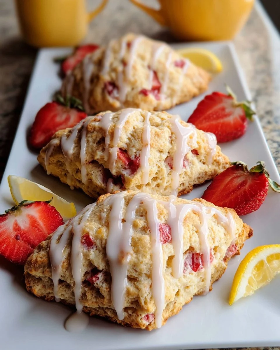 Homemade strawberry scones drizzled with lemon glaze on a plate.
