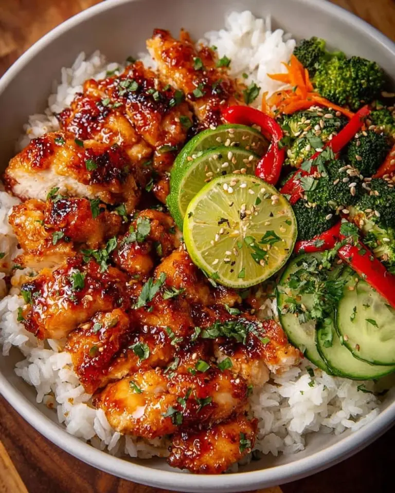 Delicious hot honey chicken bowl with rice and colorful vegetables