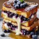 Delicious blueberry cheesecake stuffed French toast served with syrup
