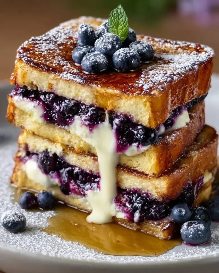 Delicious blueberry cheesecake stuffed French toast served with syrup