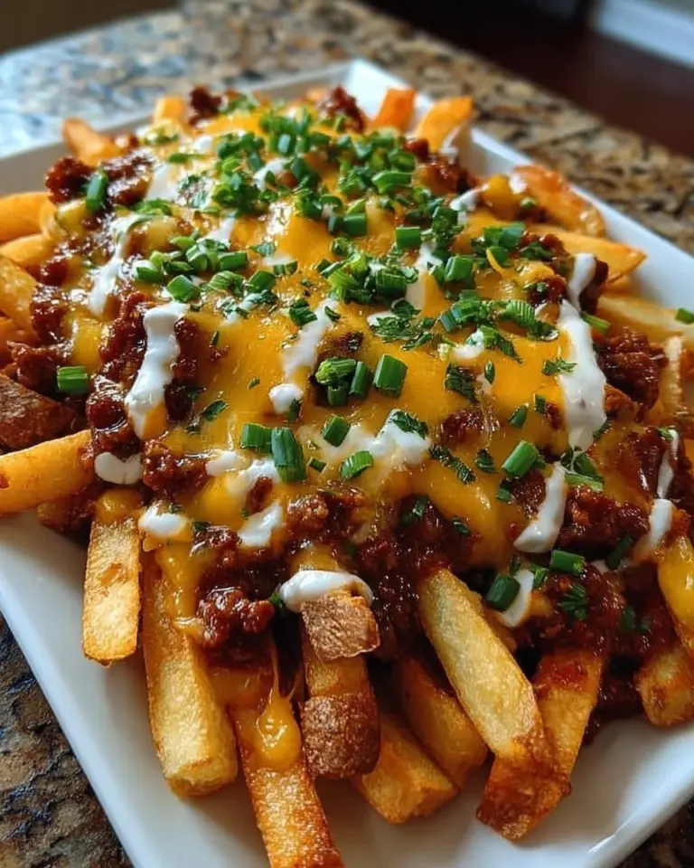 Delicious bowl of indulgent chili cheese fries topped with melted cheese and chili