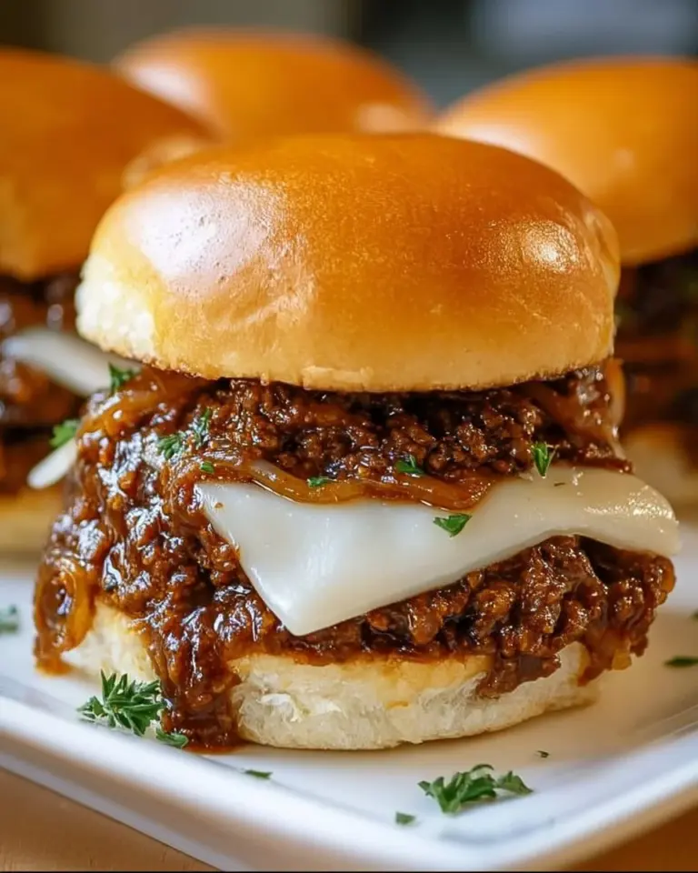 Delicious French Onion Beef Sloppy Joes served on a plate.