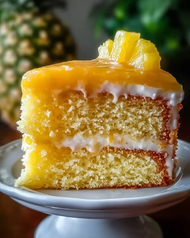 Juicy Pineapple Heaven Cake topped with fresh pineapple slices and cream