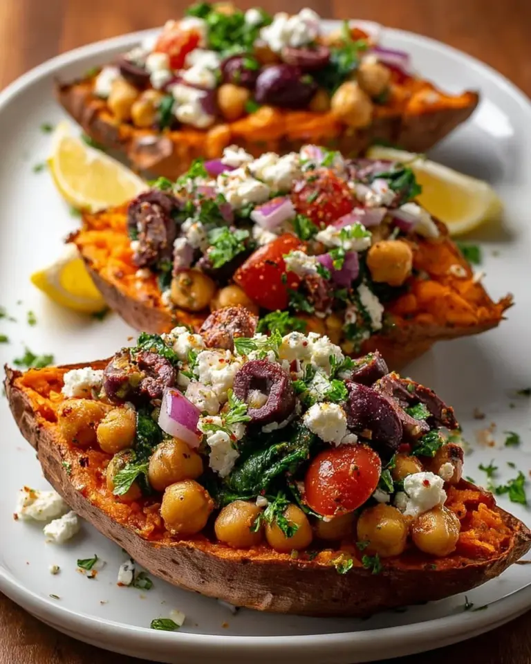 Delicious Mediterranean stuffed sweet potatoes with healthy ingredients.