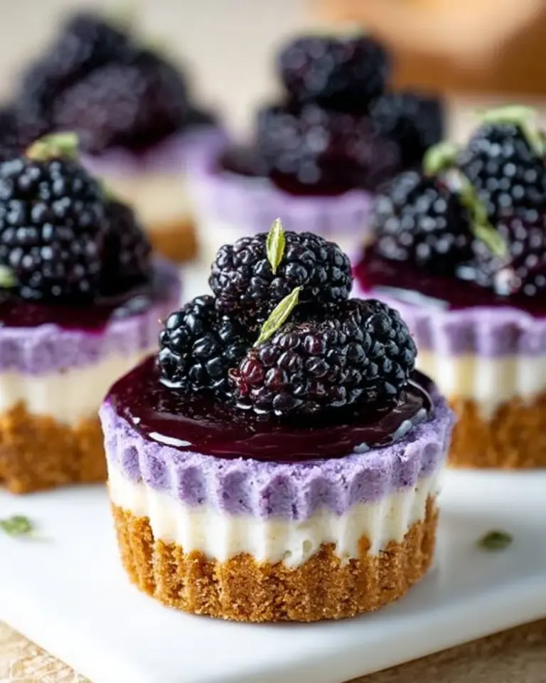 Mini blackberry lavender cheesecakes topped with fresh blackberries and lavender sprigs.