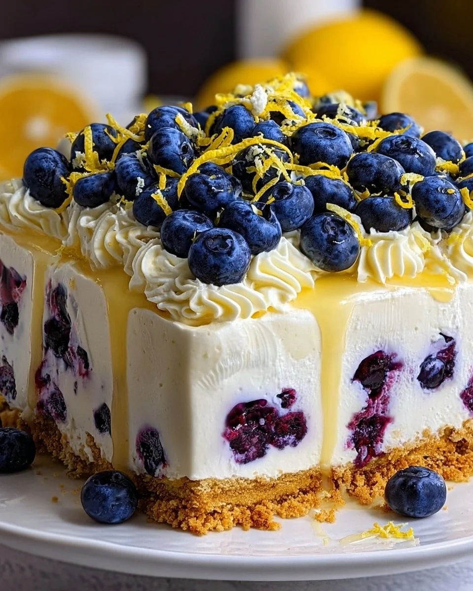 No-Bake Lemon Blueberry Cream Cake with fresh blueberries and lemon zest