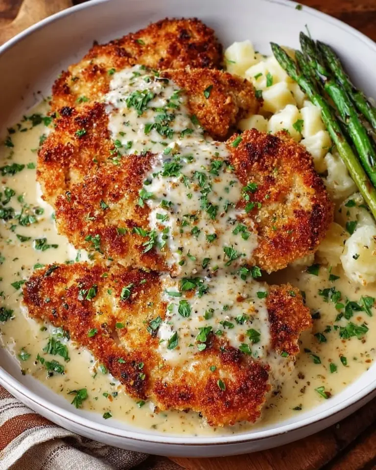 Parmesan Crusted Chicken served with creamy garlic sauce for an easy dinner