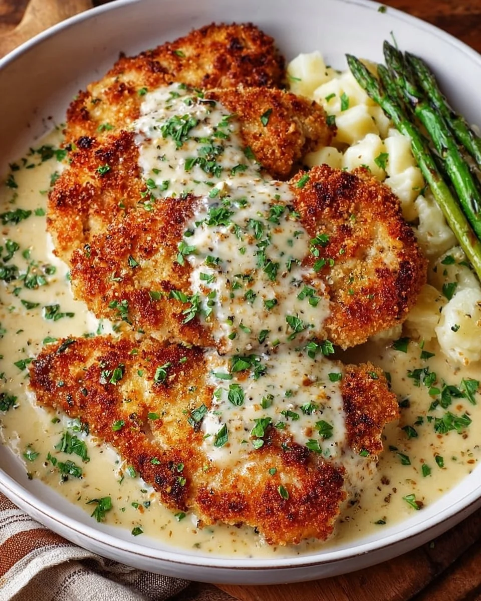 Parmesan Crusted Chicken served with creamy garlic sauce for an easy dinner