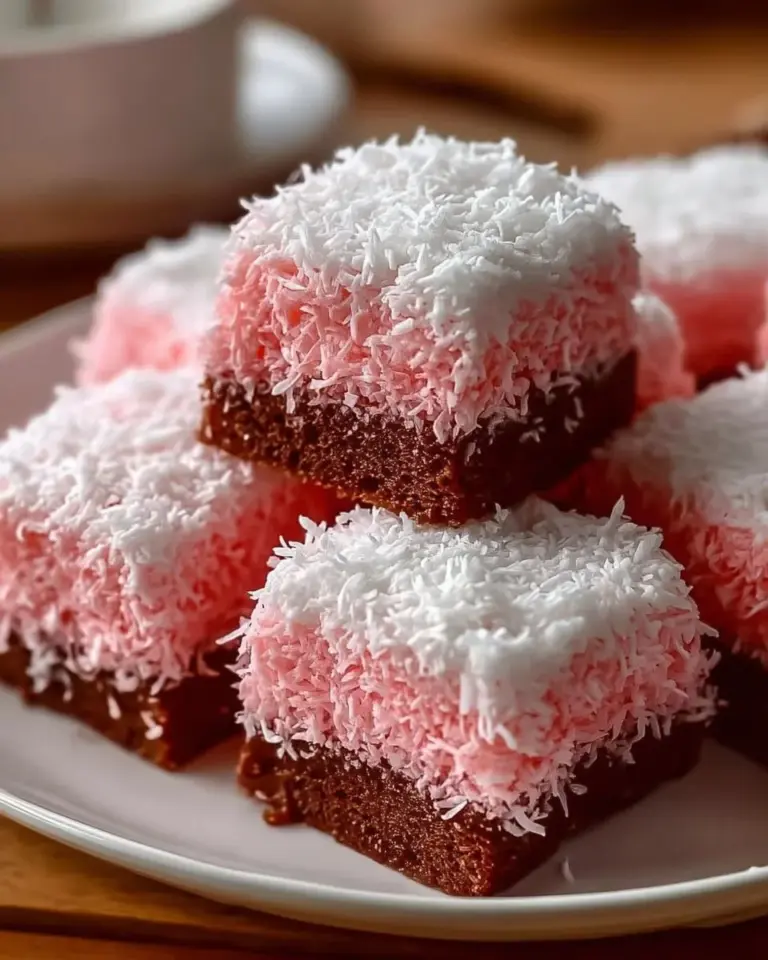 Pink Coconut Snowball Cake Bars topped with shredded coconut and frosting