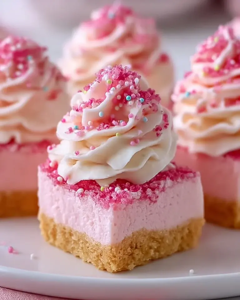 Pink velvet cheesecake bites on a decorative plate ready to serve