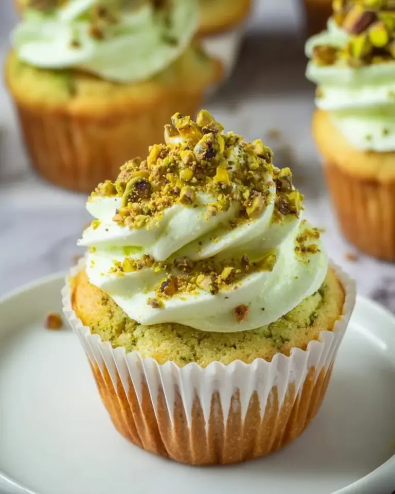 Delicious homemade pistachio cupcakes topped with creamy frosting and pistachio nuts