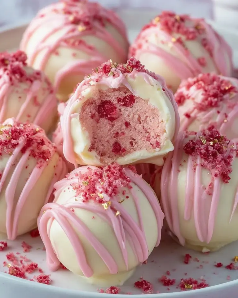Delicious strawberry shortcake truffles on a decorative plate