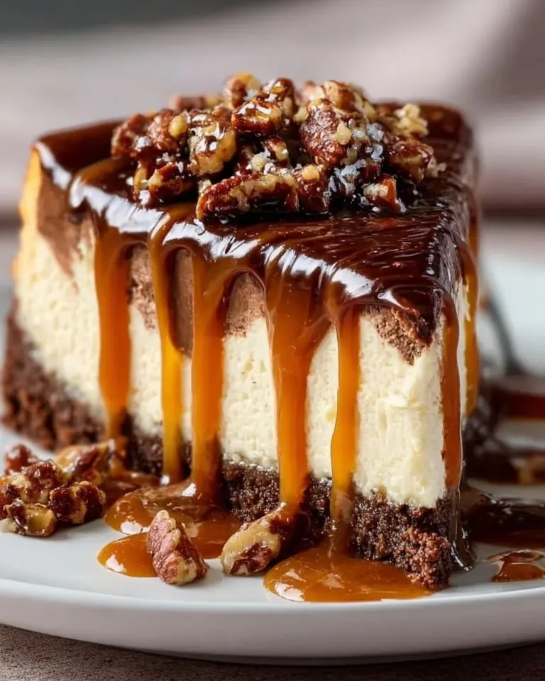 Slice of Turtle Cheesecake with chocolate and caramel drizzle on top